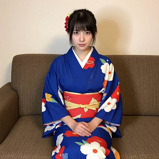 Photograph of a young Asian woman with fair skin, black hair in a bun, wearing a blue floral kimono with red and white accents, seated