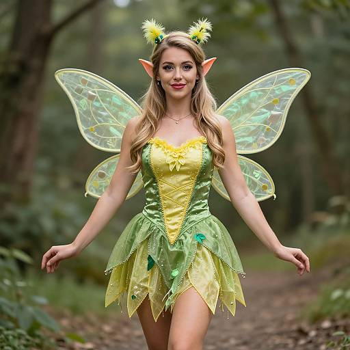 Photograph of a blonde fairy with pointed ears, yellow-green wings, and dress, standing on a forest path, surrounded by trees.