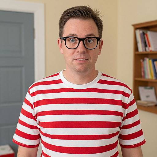 Photograph of a middle-aged man with short dark hair, black glasses, and red-and-white striped shirt, standing in a beige room with a blue