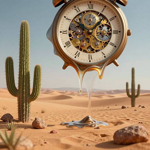 A steampunk clock with gears and dripping golden fluid hovers over a desert landscape with cacti, rocks, and clear sky.