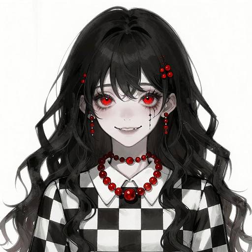 Gothic Anime Girl with Red Beads