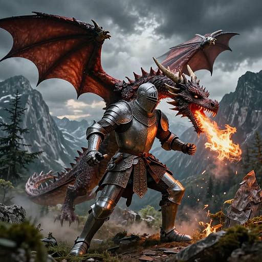 Digital artwork of a dragon-riding knight in shining armor, breathing fire, with red wings, amidst a stormy mountain landscape.