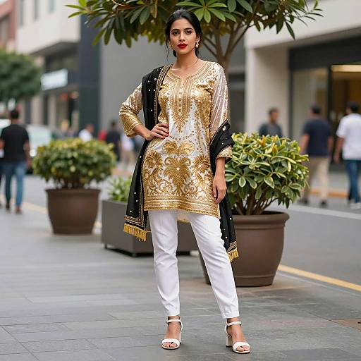 Stylish Woman in Gold Sequin Costume