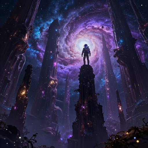 Digital artwork of a silhouetted figure standing on a dark ruin, backlit by a radiant, purple and blue swirling galaxy in a starry