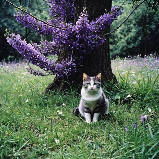 Cat Sitting by Tree with Purple Flowers