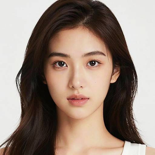 Photograph of an East Asian woman with long, straight black hair, fair skin, and soft brown eyes, wearing a white top, against a plain