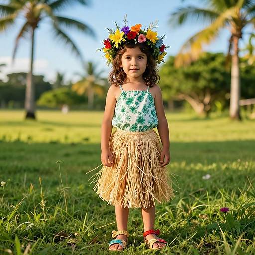Photograph of a young girl with curly brown hair, wearing a colorful flower crown, green floral top, and a grass skirt, standing on green grass