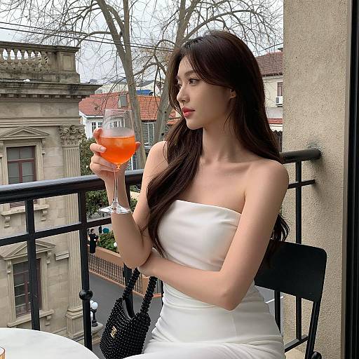 Woman in White Dress Holding Orange Drink on Balcony