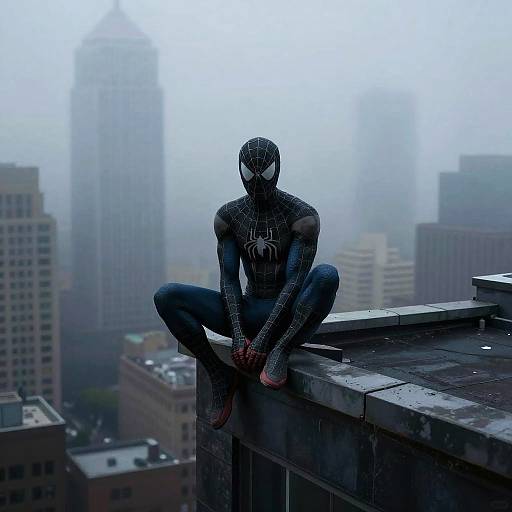 Photograph of Spider-Man in black suit, sitting on rooftop, hands between knees, foggy cityscape with tall buildings in background.