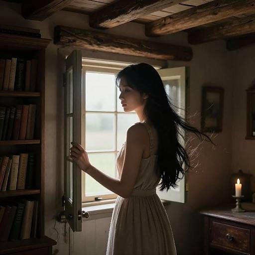 Photograph of a silhouetted woman with long black hair, in a sleeveless dress, opening a window in a dimly lit, rustic