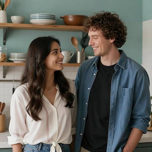 Couple Smiling in Kitchen