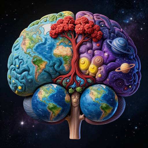 Digital artwork of a brain with colorful, detailed world maps, red tree, and planets; set against a starry black space background.