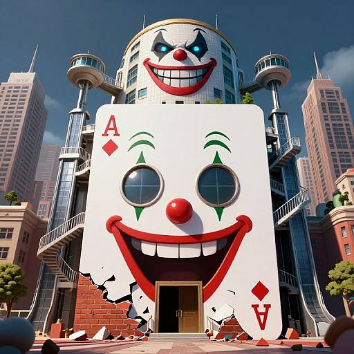 CGI image of a giant, smiling Joker face building with blue eyes, red nose, and green eyebrows, surrounded by skyscrapers.