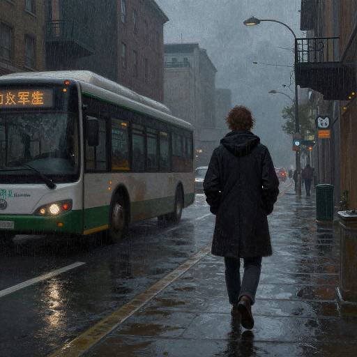 Photograph of a rainy city street with a lone person in a dark coat walking away from a green and white bus, buildings and streetlights in the