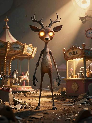 CGI image of a dark, eerie, glowing-eyed, cartoon deer standing in a sunlit, cluttered, carnival scene with a carousel and food
