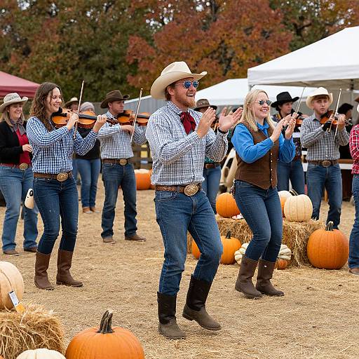 Photograph of a country music band performing outdoors, wearing cowboy hats, checkered shirts, and jeans, surrounded by pumpkins and hay bales.