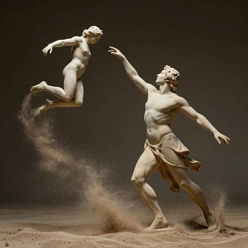 Photorealistic CGI of two white marble statues: a muscular, bearded male with a flowing cloth and a small, nude child, mid-leap