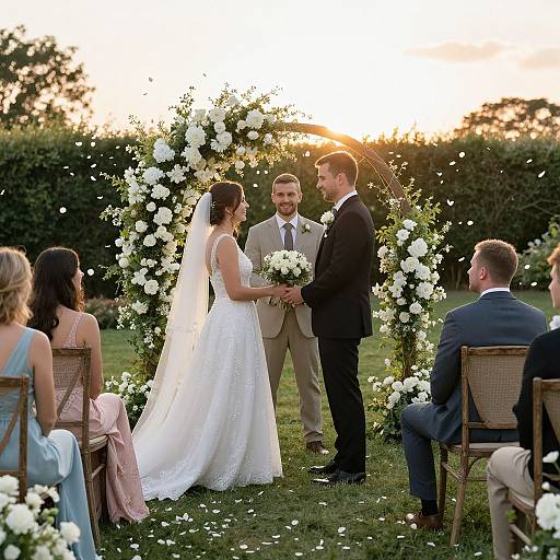 Photograph of a sunlit outdoor wedding ceremony; bride in white gown, groom in gray suit, exchanging vows under white flower arch.