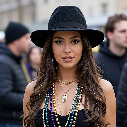 Photograph of a young woman with long brown hair, wearing a black hat, black sleeveless top, and colorful bead necklaces, standing in a
