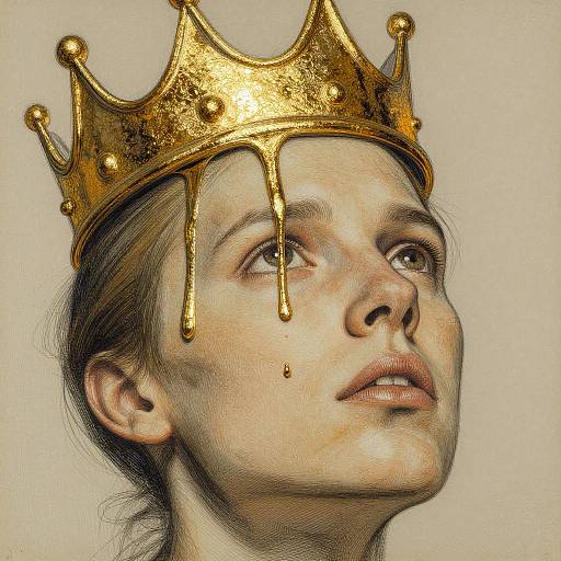 Digital drawing of a woman with fair skin, brown hair, and a golden crown dripping with liquid, gazing upward. Realistic texture, soft lighting