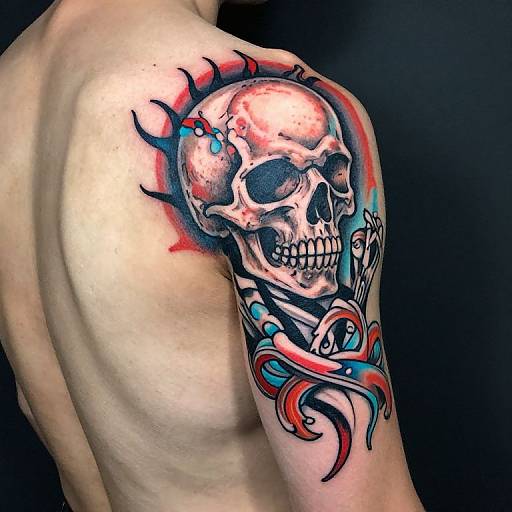 Photograph of a muscular, shirtless male with a vibrant, detailed skull tattoo on his upper arm, featuring red, blue, and black ink.