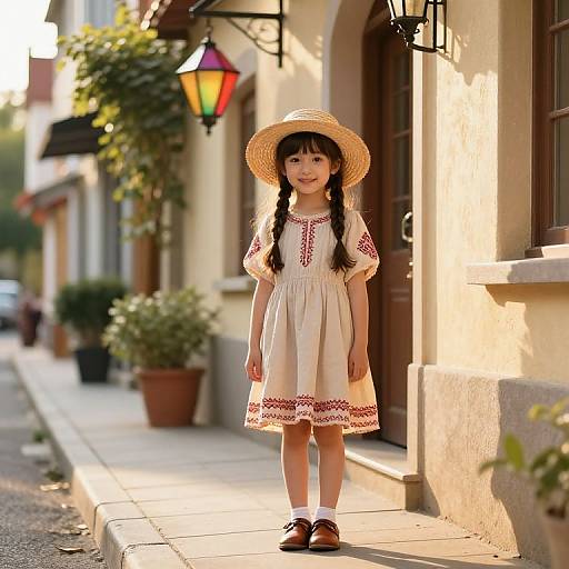 Photograph of a young Asian girl with long black braids, wearing a straw hat, white dress with red embroidery, brown shoes, standing on a