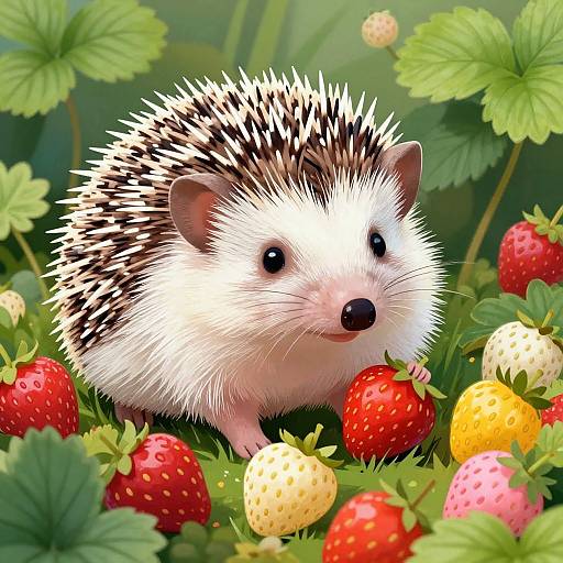 Digital illustration of a cute hedgehog with white and black spines, surrounded by colorful strawberries and green leaves in a vibrant garden.