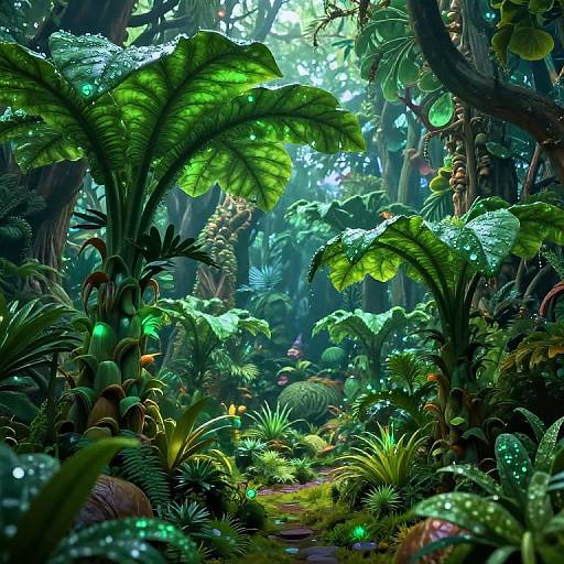 Vibrant, detailed CGI forest scene with lush, glowing green foliage, bioluminescent plants, and a mystical, enchanted atmosphere. Dense,