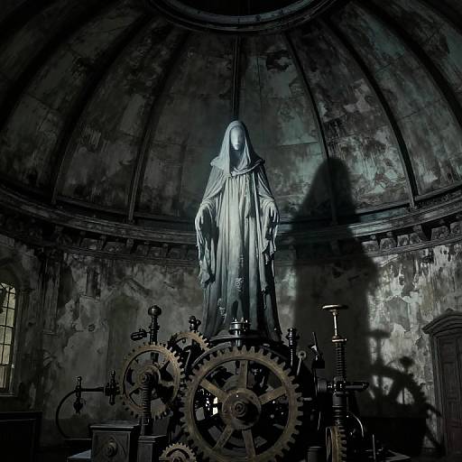 Mysterious hooded figure in a tattered robe stands on gears in a dark, dilapidated dome room, illuminated by eerie blue light. Digital