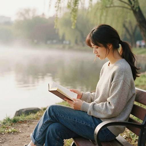 Young Woman Reading Poetry by Lake