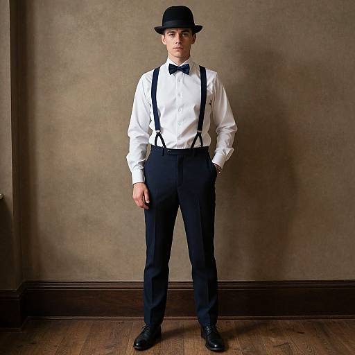 Photograph of a young man in white dress shirt, black bow tie, suspenders, black pants, and black bowler hat, standing against a