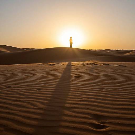 Silhouette of a person standing on a sand dune at sunset, casting a long shadow across rippled sand; warm, golden light. Photographic