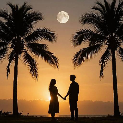 Silhouetted couple holding hands against a sunset sky with palm trees and a full moon, creating a romantic tropical scene.