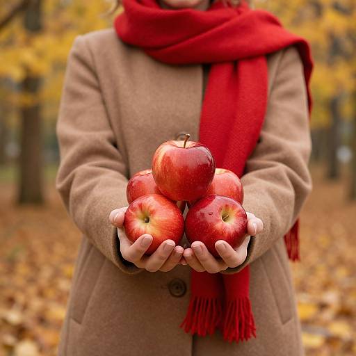 Woman Holding Apples in Autumn Scene