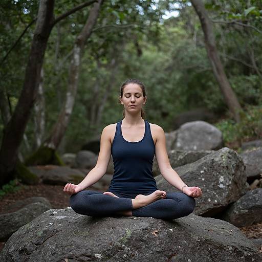 Photograph of a young woman with light skin and brown hair in a black tank top and black leggings, meditating in a forest, sitting cross-legged