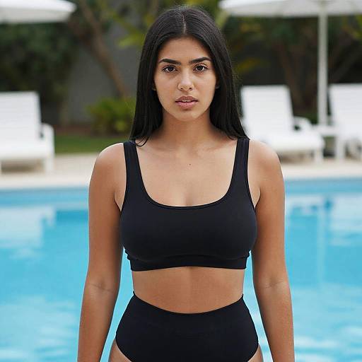 Photograph of a young woman with long black hair, olive skin, wearing a black sports bra and high-waisted black bikini bottoms, standing in
