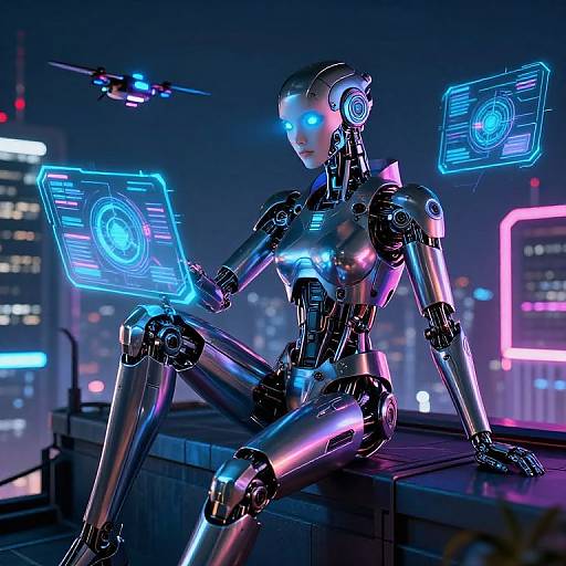 Neon-lit cybernetic female robot with glowing blue eyes and holographic screens, sitting on rooftop at night, futuristic cityscape background. Digital