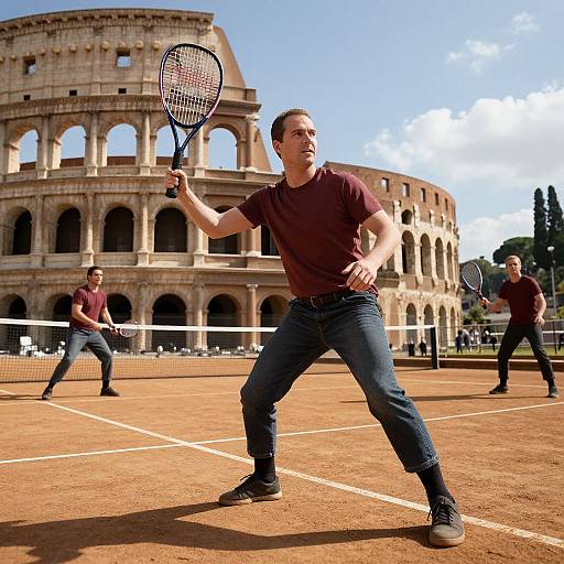 Photograph of three men playing tennis on a clay court in front of the Colosseum, Rome. All wear maroon shirts and blue jeans