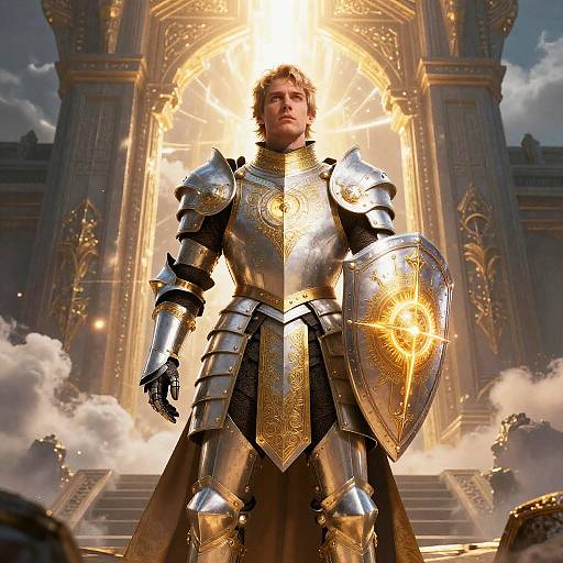 Radiant Paladin Before Ancient Temple