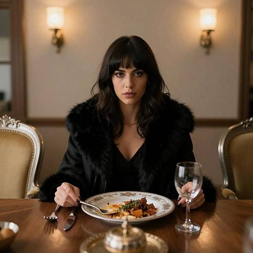Dark-Haired Woman at Dinner Table