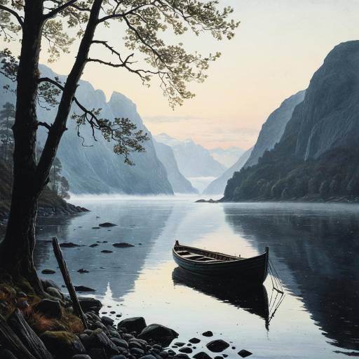 Misty Scandinavian Fjord with Wooden Boat at Dawn