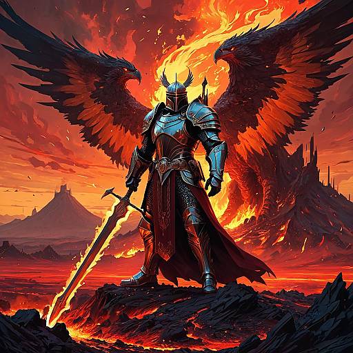 Titanic Phoenix Knight in Volcanic Wasteland