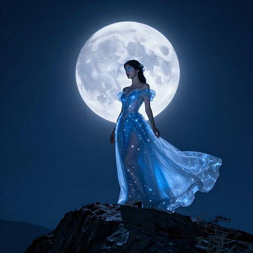 Silhouetted woman in a glowing blue, sequined dress stands on a rocky peak against a luminous full moon in a dark, night sky