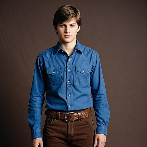 Young Man in Blue Shirt and Brown Pants