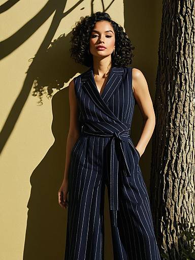 Cinematic Fashion: Navy Pinstripe Jumpsuit