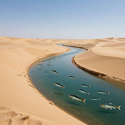 Photograph of a serene desert oasis with a winding, clear blue stream running through golden sand dunes, featuring several fish swimming.