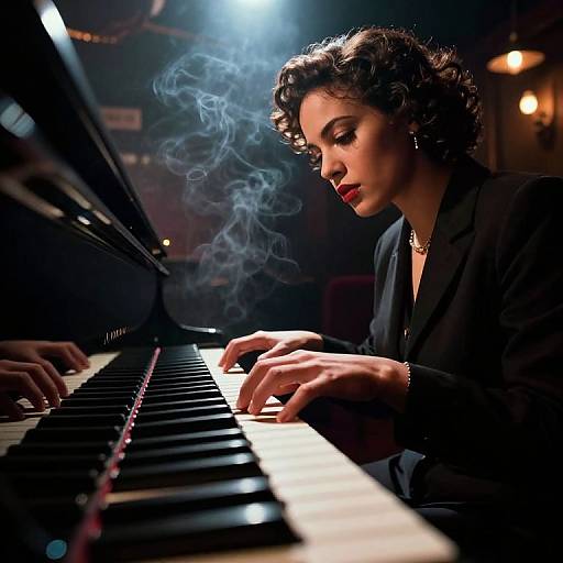 Photograph of a dark-haired woman with curly hair, wearing a black blazer, intensely playing a piano with smoke rising from the keys. Dim,