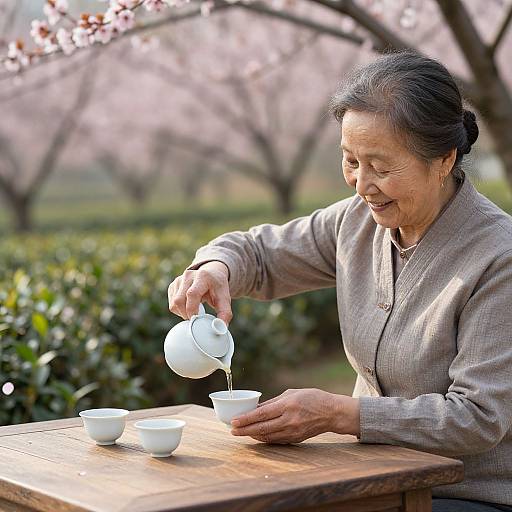 Photograph of an elderly Asian woman with gray hair, in a beige blouse, pouring tea from a white teapot into a white cup, smiling,