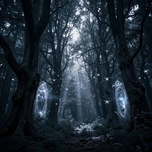 Mysterious blue-toned forest photograph with ethereal glowing rings on trees, surrounded by sparkling, flying lights, creating a magical atmosphere.