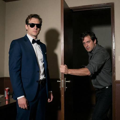 Two Men in Dimly Lit Room with Gun and Sunglasses